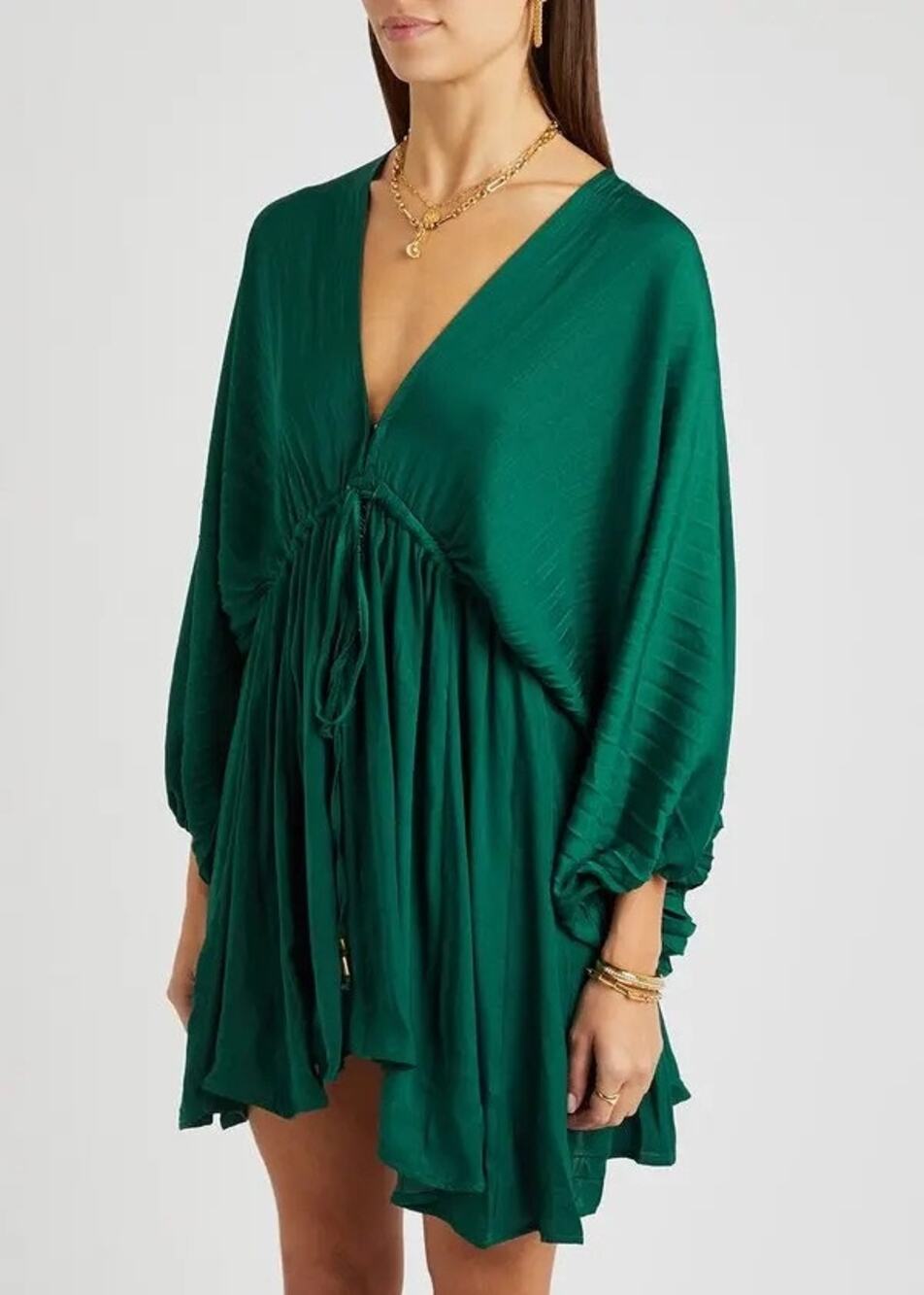 Free People Plunge Mini Dress Satin Balloon Sleeve Palm Leaf Green Size XS New